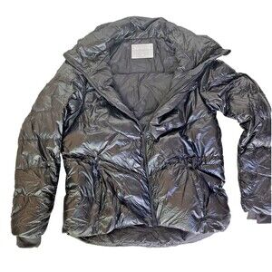 Athleta Lofty Puffer Jacket Womens Medium Black Goose Down Coat Zip pockets